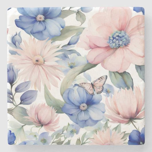Classy Roze & Blauwe Bloem Bunch Stenen Onderzetter (Voorkant)