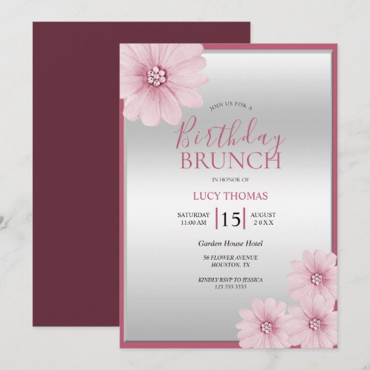 Classy Roze Bloem Decoratie Verjaardag Brunch Kaart (Voorkant / Achterkant)