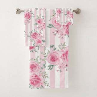 Classy  Roze Bloemen Rozen Strepen Waterverf Bad Handdoek