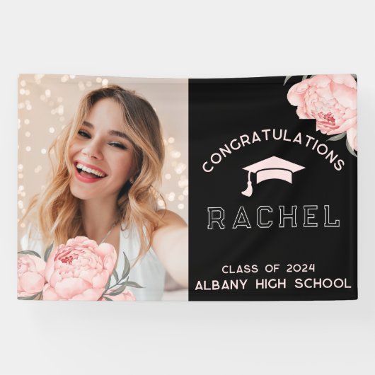 Classy roze bloemige Afstuderen afstudeerfeest Spandoek (Horizontaal)