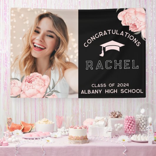 Classy roze bloemige Afstuderen afstudeerfeest Spandoek (Feest)