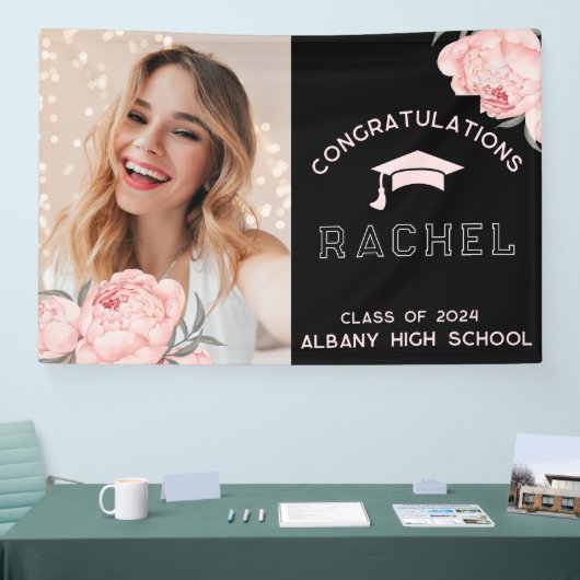 Classy roze bloemige Afstuderen afstudeerfeest Spandoek (Beurs)