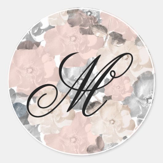 Classy Roze en Zwarte Rozen Monogram Script Ronde Sticker (Voorkant)