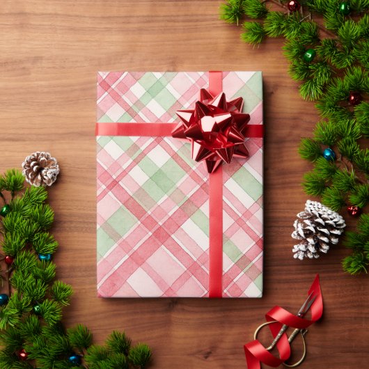 Classy Roze Rood Groen Waterverf Plaid Art Pattern Cadeaupapier (Feestdagen Geschenken)
