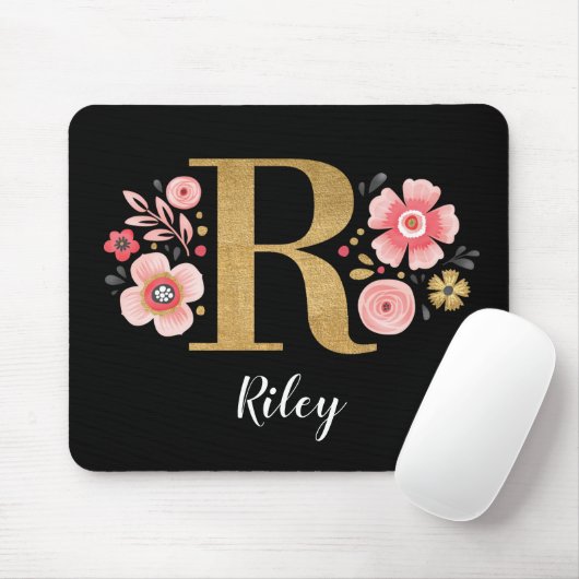 Classy Roze Zwart Girly Monogram Initiaal Letter R Muismat (Met muis)