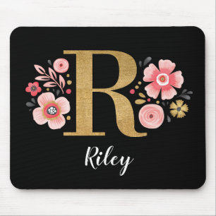 Classy Roze Zwart Girly Monogram Initiaal Letter R Muismat