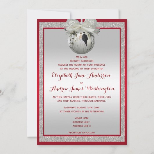 Classy Ruby Red & Sparkly Bauble Kerstbruiloft Kaart (Voorkant)