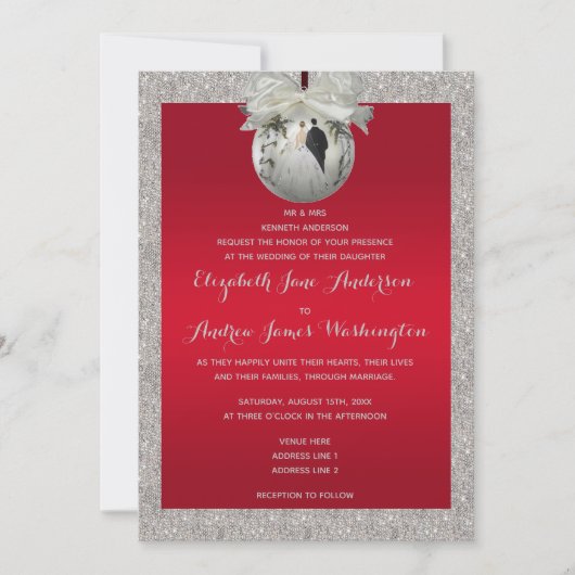 Classy Ruby Red & Sparkly Bauble Kerstbruiloft Kaart (Voorkant)