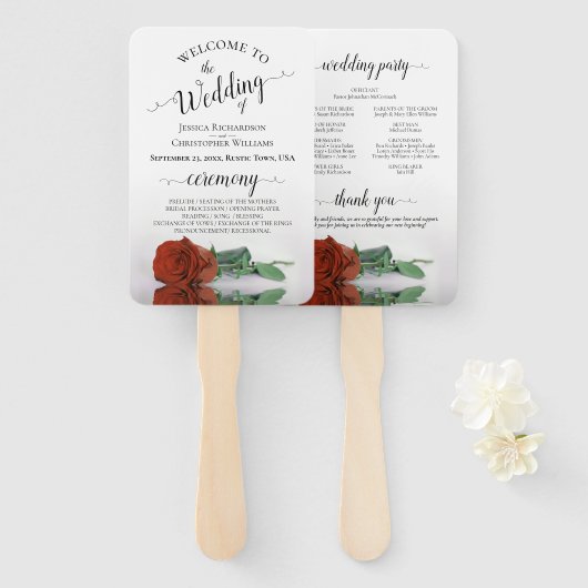 Classy Rust Oranje Roos Elegant Wedding Programme Handwaaier (Voorkant en achterkant)