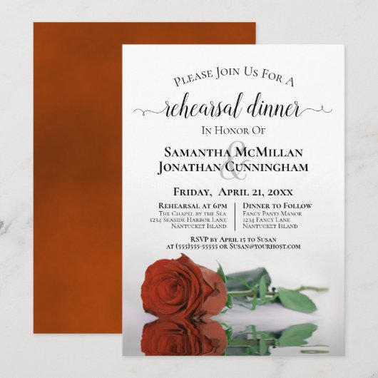Classy Rust Oranje Roos Wedding Rehearsal Dinner Kaart (Voorkant / Achterkant)