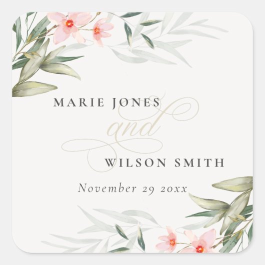 Classy Rustic Blush Greenery Floral Bunch Wedding Vierkante Sticker (Voorkant)