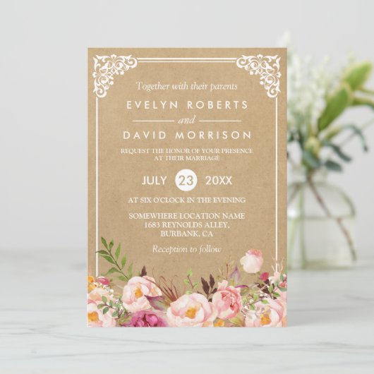 Classy Rustic Floral Lijst Kraft | Formeel huwelij Kaart (Staand voorkant)