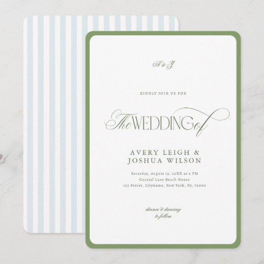 Classy Sage Green & Blue Stripes Coastal Wedding Kaart (Voorkant / Achterkant)