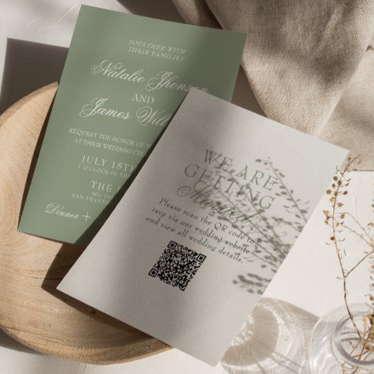 Classy Sage Green Boho Modern QR Code Wedding Kaart