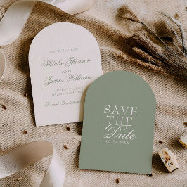 Classy Sage Green Boho Old Money Arched Wedding Save The Date