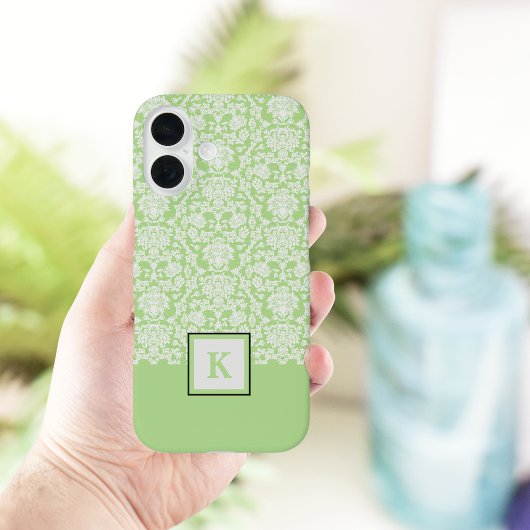 Classy Sage Green Damask Pattern Monogram Canvas t Case-Mate iPhone Case