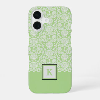 Classy Sage Green Damask Pattern Monogram Canvas t iPhone 16 Hoesje