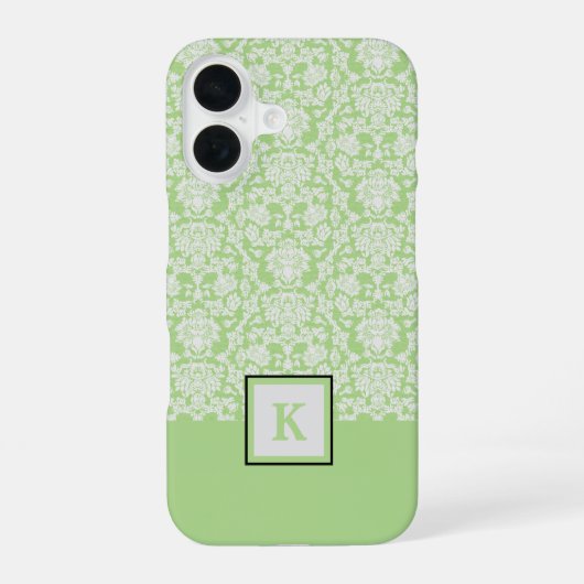 Classy Sage Green Damask Pattern Monogram Canvas t iPhone 16 Hoesje (Achterkant)