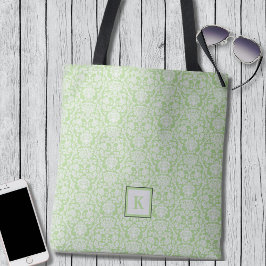 Classy Sage Green Damask Pattern Monogram Canvas t Tote Bag
