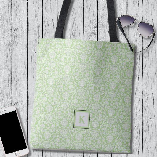 Classy Sage Green Damask Pattern Monogram Canvas t Tote Bag