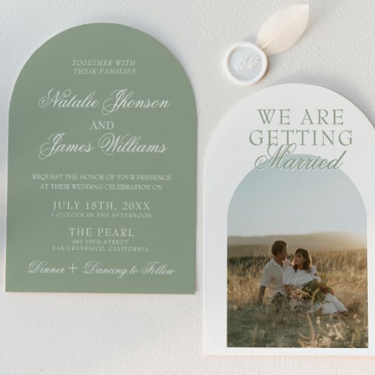 Classy Sage Green Luxury Boho Arched Wedding Kaart