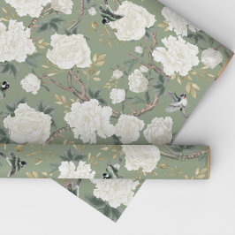 Classy Sage Green White Chinoiserie Flowers Birds Cadeaupapier