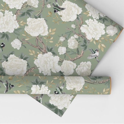 Classy Sage Green White Chinoiserie Flowers Birds Cadeaupapier