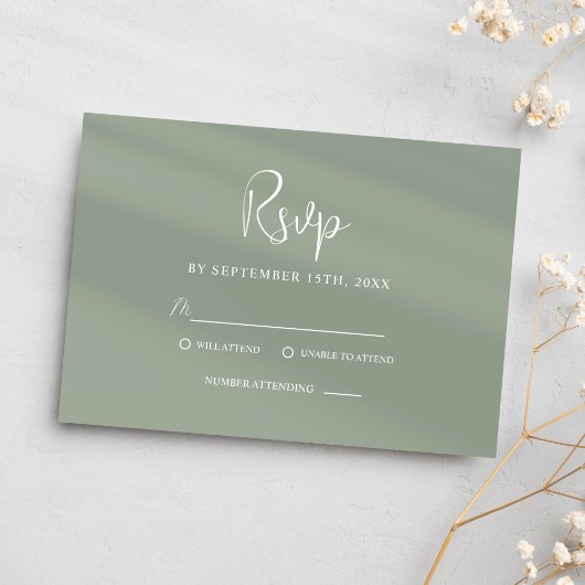 Classy Sage Groen Script Modern Elegant Bruiloft RSVP Kaartje