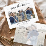 Classy Save the Date 4 Photo Elegant Modern Briefkaart<br><div class="desc">Moderne en Elegant Horizontaal Vier (4) Foto sparen de Magnet van de Weddenschap van de Datum met hand letterlijke manuscripttypografie. Sparen de magneet van de datumuitnodiging omvat manuscripttypografie en chic en eenvoudig ontwerp dat u uw aangepast afbeelding van de de fotografie van het verloving kunt toevoegen aan.</div>