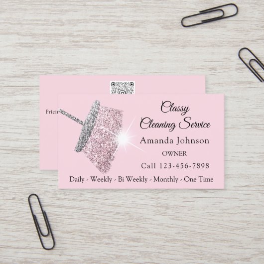 Classy Schoonmaak Service Maid Roze Zilver QR CODE Visitekaartje (Voorkant / Achterkant in situ)