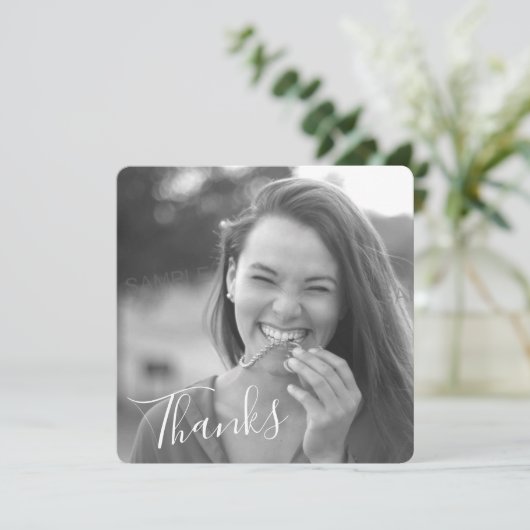 Classy Script Black/White Bedankt Afstuderen Foto Save The Date (Staand voorkant)