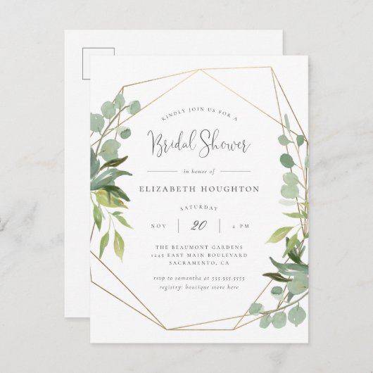 Classy Script Geometric Greenery Vrijgezellenfeest Uitnodiging Briefkaart (Voorkant / Achterkant)