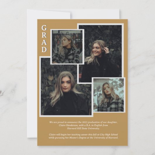 Classy Script Mosterd Fotocollage Afstuderen Aankondiging (Achterkant)