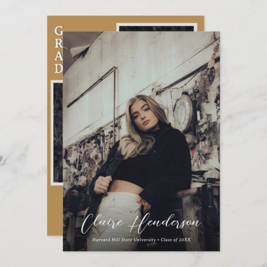 Classy Script Mosterd Fotocollage Afstuderen Aankondiging (Voorkant / Achterkant)