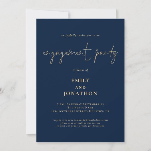 Classy Script Navy Gold Engagement Party Kaart (Voorkant)