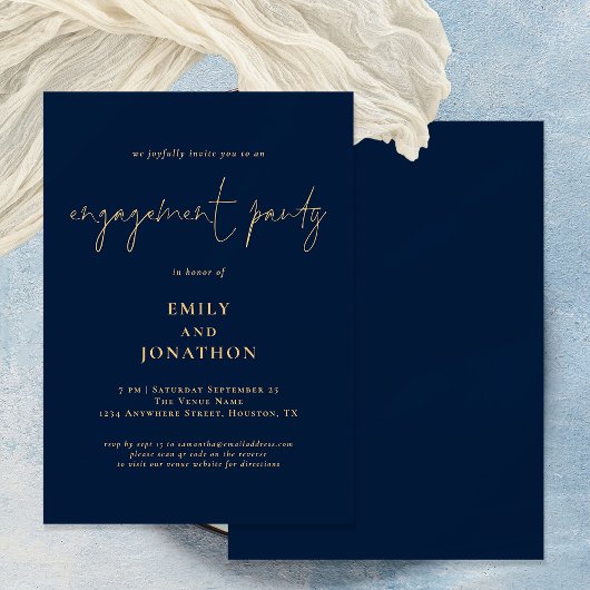 Classy Script Navy Gold Engagement Party Kaart