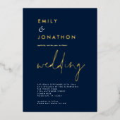 Classy Script Navy Gold Wedding Real Folie Uitnodiging (Voorkant)