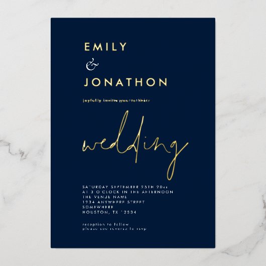 Classy Script Navy Gold Wedding Real Folie Uitnodiging (Voorkant)