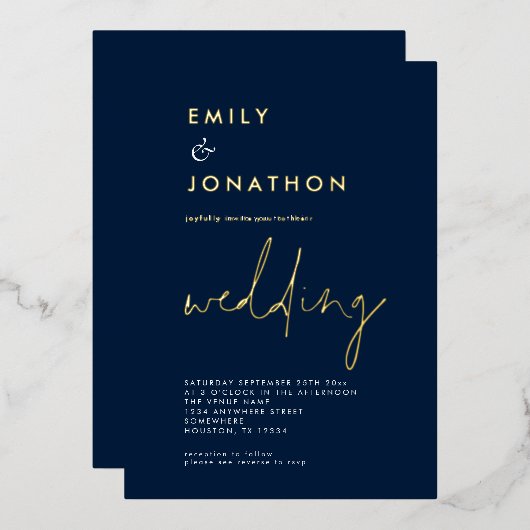 Classy Script Navy Gold Wedding Real Folie Uitnodiging (Voorkant / Achterkant)