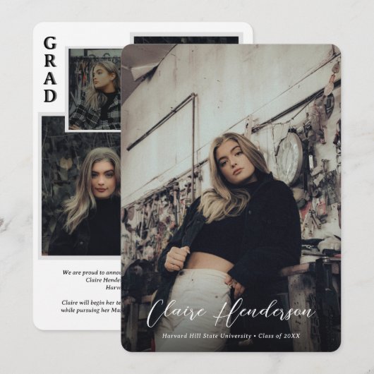 Classy Script Overlay Photo Collage Graduation Aankondiging (Voorkant / Achterkant)