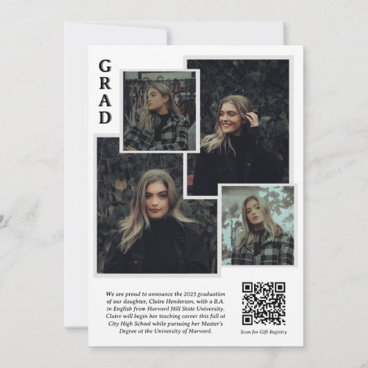 Classy Script Photo Collage QR Code Afstuderen Aankondiging (Achterkant)