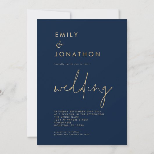 Classy Script QR Code Navy Gold Wedding Kaart (Voorkant)