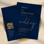 Classy Script QR Code Navy Gold Wedding Kaart