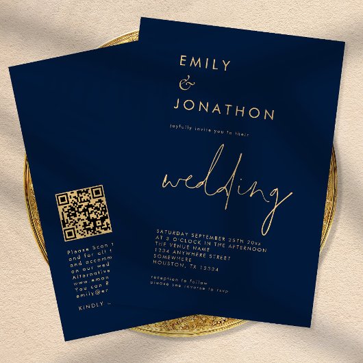 Classy Script QR Code Navy Gold Wedding Kaart