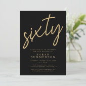 Classy Script Sixty Black Gold 60th Birthday Party Kaart (Staand voorkant)