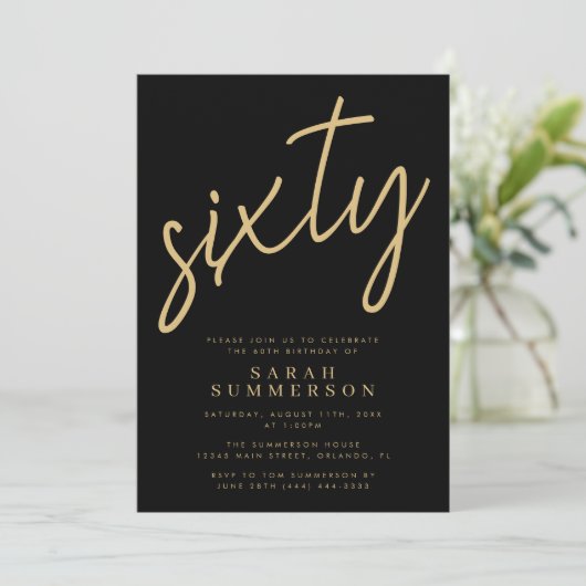 Classy Script Sixty Black Gold 60th Birthday Party Kaart (Staand voorkant)
