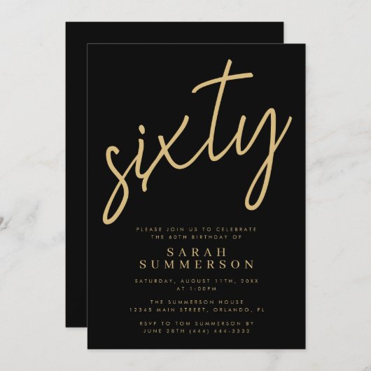 Classy Script Sixty Black Gold 60th Birthday Party Kaart (Voorkant / Achterkant)