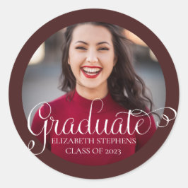 Classy Script Text Afstuderen Photo Maroon | wit Ronde Sticker