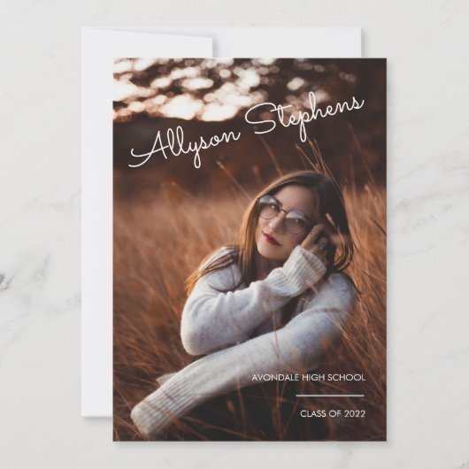 Classy Script White Text Photo Paars Afstuderen Aankondiging (Voorkant)