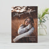 Classy Script White Text Photo Paars Afstuderen Aankondiging (Staand voorkant)